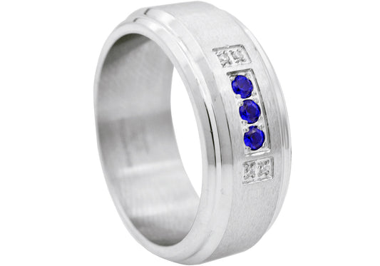 Mens Beveled Stainless Steel Band Ring With White And Blue Cubic Zirconia