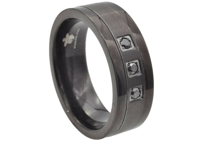 Mens Black Stainless Steel Band Ring With Cubic Zirconia