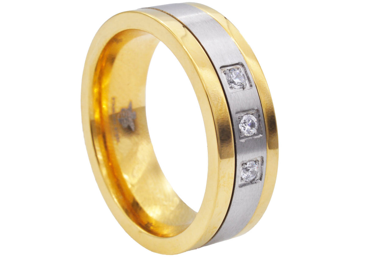 Mens Two Tone Gold Plated Stainless Steel Band Ring With Cubic Zirconia