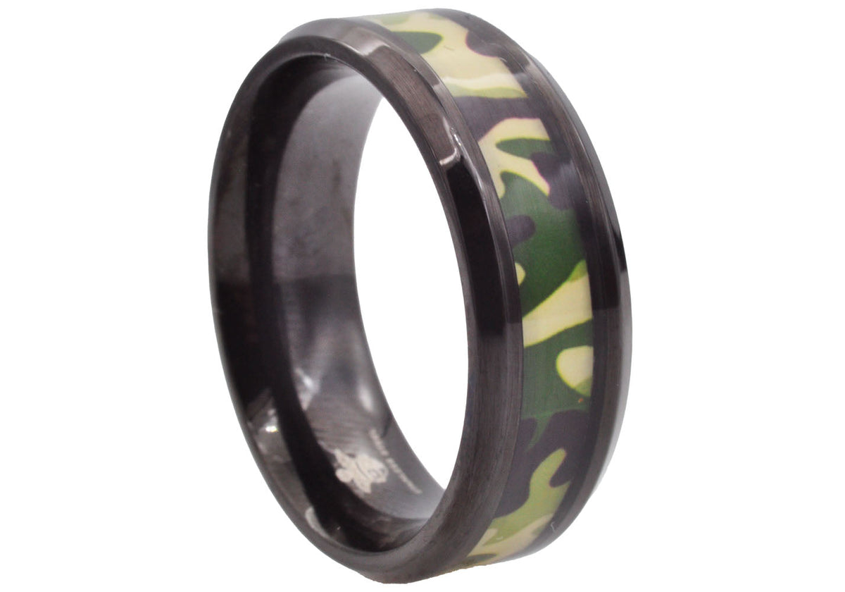 Mens Black Stainless Steel Green Camo Band Ring