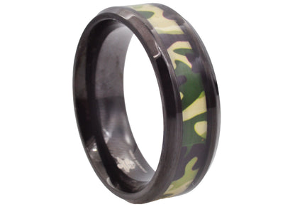 Mens Black Stainless Steel Green Camo Band Ring