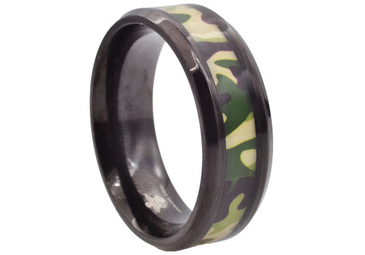 Mens Black Stainless Steel Green Camo Band Ring