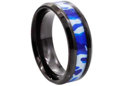 Mens Black Stainless Steel Blue Camo Band Ring