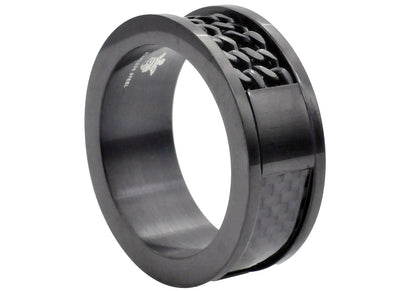 Mens Black Stainless Steel Double Curb Link Carbon Fiber Band Ring