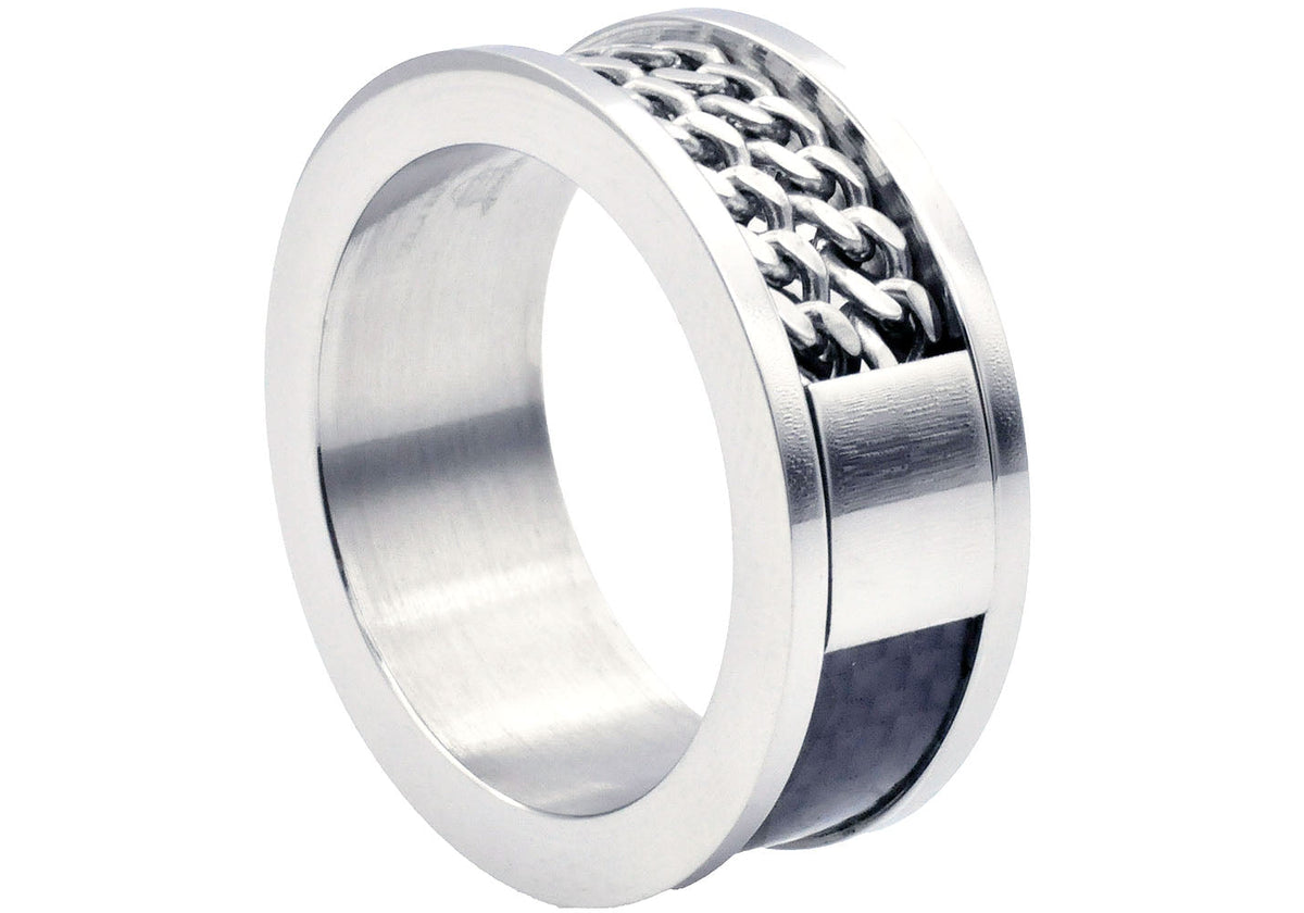 Mens Stainless Steel Black Carbon Fiber Double Curb Link Band Ring