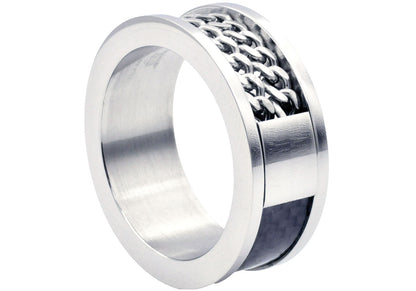 Mens Stainless Steel Black Carbon Fiber Double Curb Link Band Ring
