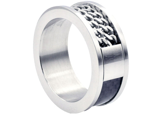 Mens Stainless Steel Black Carbon Fiber Double Curb Link Band Ring