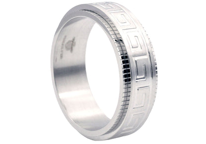 Mens 8mm Stainless Steel Etched Greek Key Spinner Band Ring
