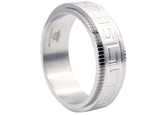 Mens 8mm Stainless Steel Etched Greek Key Spinner Band Ring