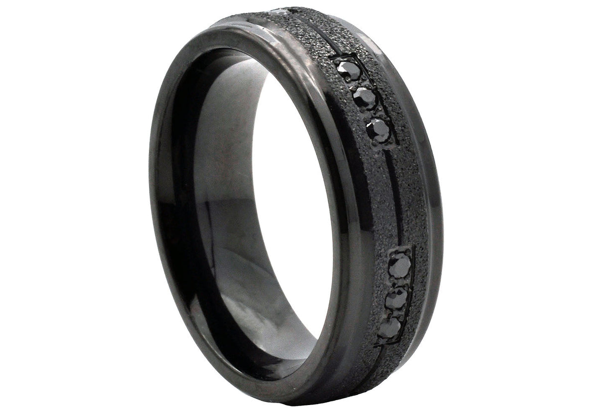 Mens Sandblasted Black Stainless Steel Band With Black Cubic Zirconia