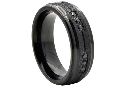 Mens Sandblasted Black Stainless Steel Band With Black Cubic Zirconia