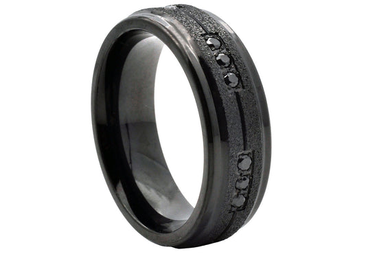 Mens Sandblasted Black Stainless Steel Band With Black Cubic Zirconia