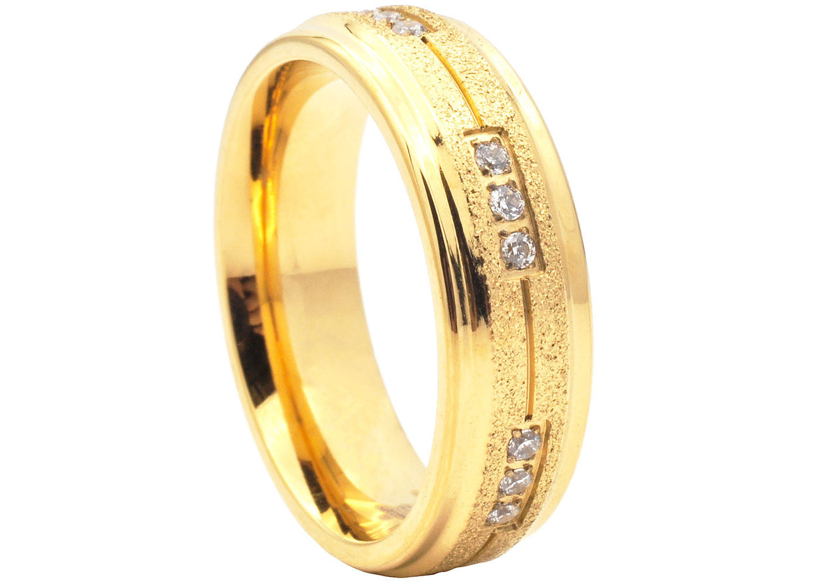 Mens Sandblasted Gold Stainless Steel Band With Cubic Zirconia