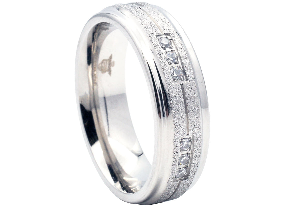 Mens Sandblasted Stainless Steel Band With Cubic Zirconia