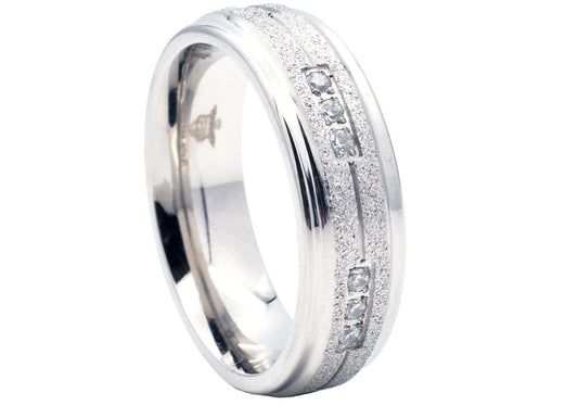 Mens Sandblasted Stainless Steel Band With Cubic Zirconia