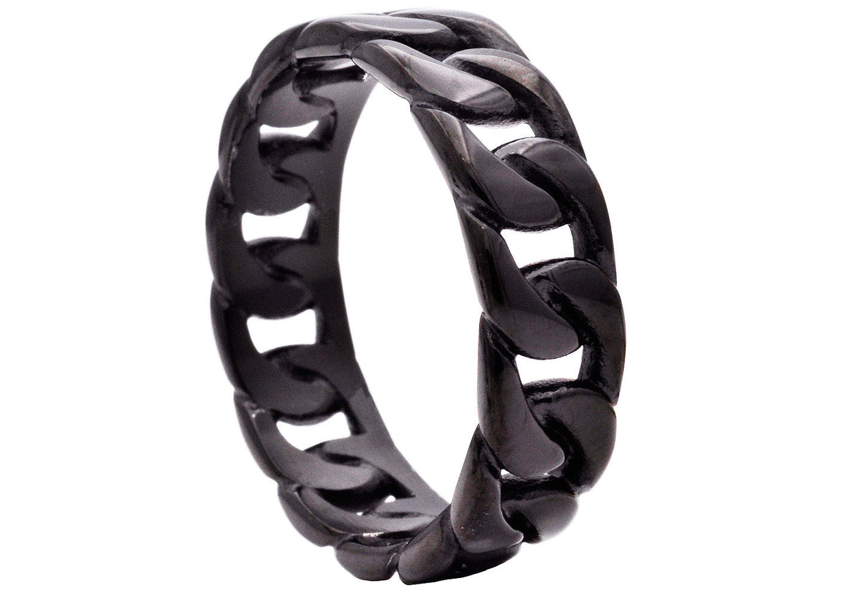 Mens 7mm Black Stainless Steel Cuban Link Band Ring