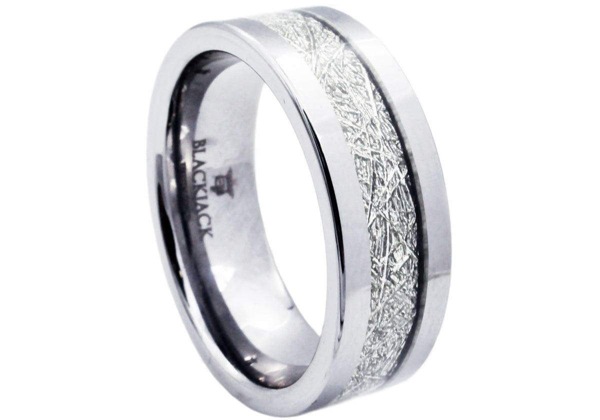 Mens Genuine Meteorite Stone Inlay Tungsten Band Ring