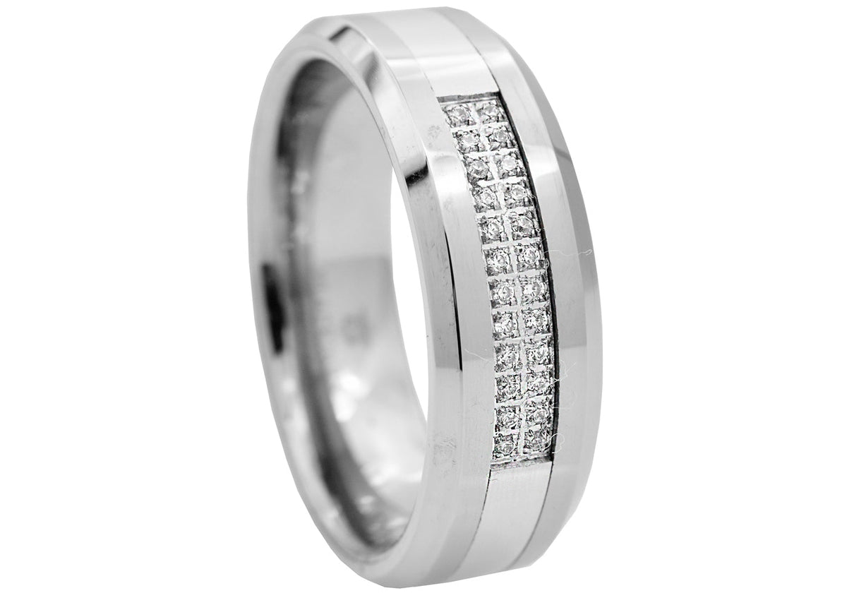 Mens Tungsten Band Ring With Cubic Zirconia