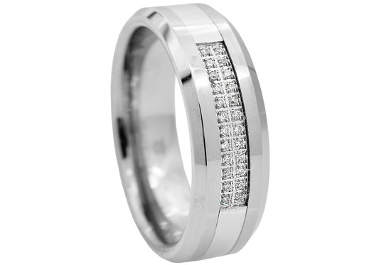 Mens Tungsten Band Ring With Cubic Zirconia
