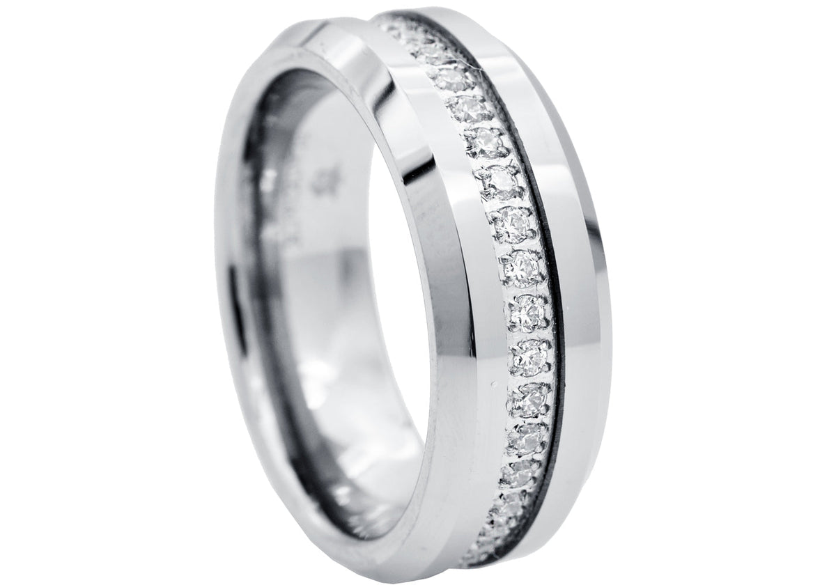 Mens Tungsten Band Ring With Cubic Zirconia