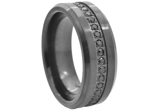 Mens Black Tungsten Band Ring With Black Cubic Zirconia