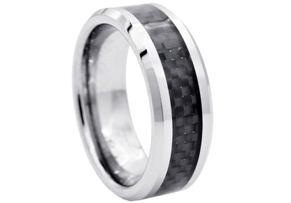 Mens Tungsten Band Ring With Carbon Fiber
