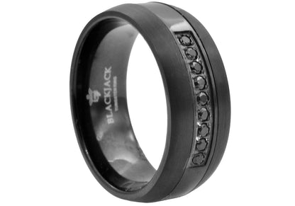 Mens Black Tungsten Band Ring With Black Cubic Zirconia