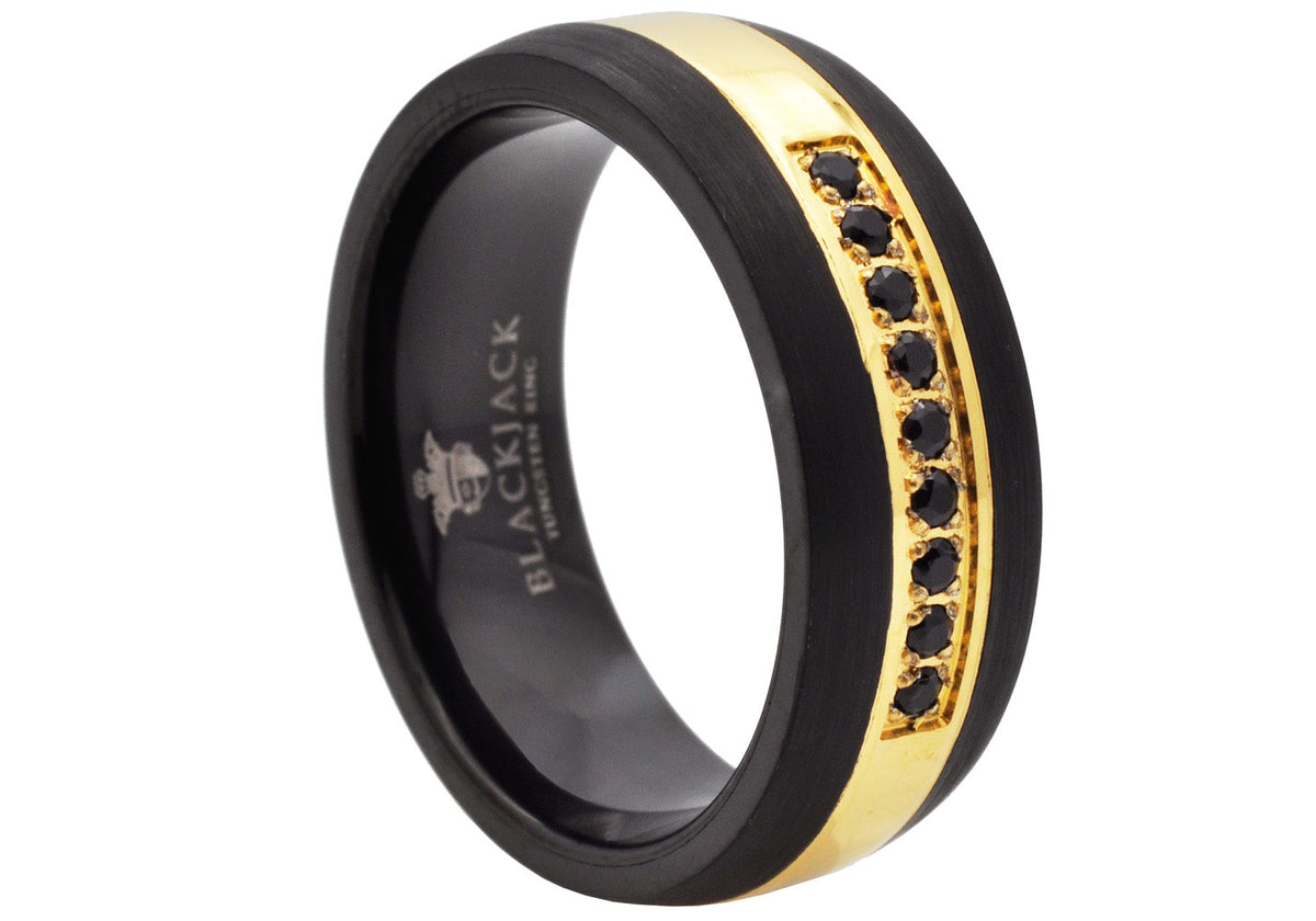Mens Two Tone Black And Gold Tungsten Band Ring With Black Cubic Zirconia