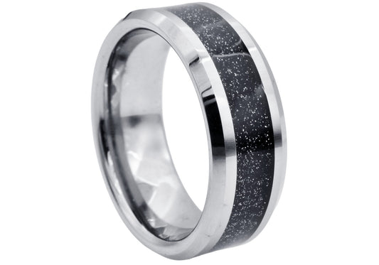 Mens Tungsten Band Ring With Dark Sandstone Inlay