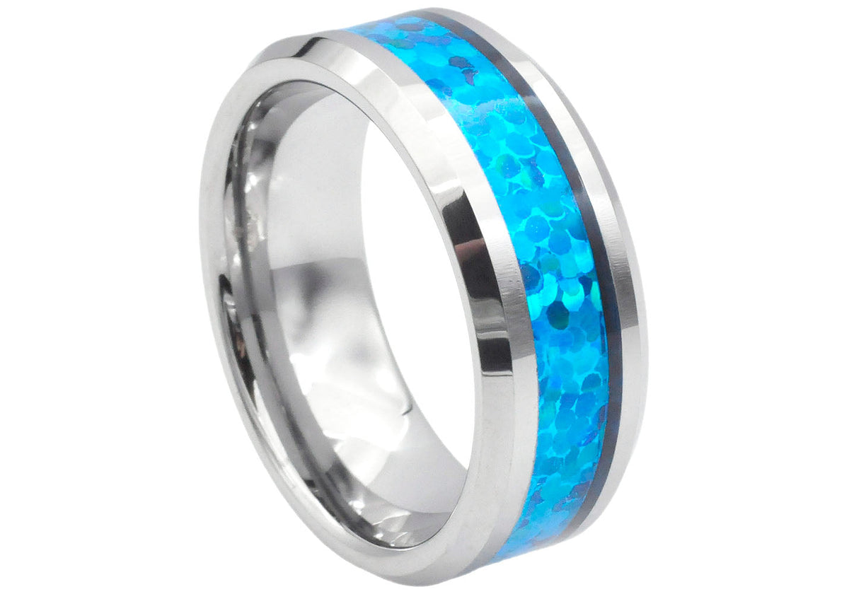 Mens Tungsten Band Ring With Blue And Green Opal Inlay