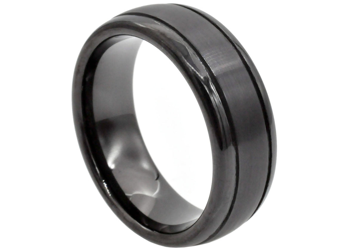 Mens 8mm Black Tungsten Double Stripe Band Ring