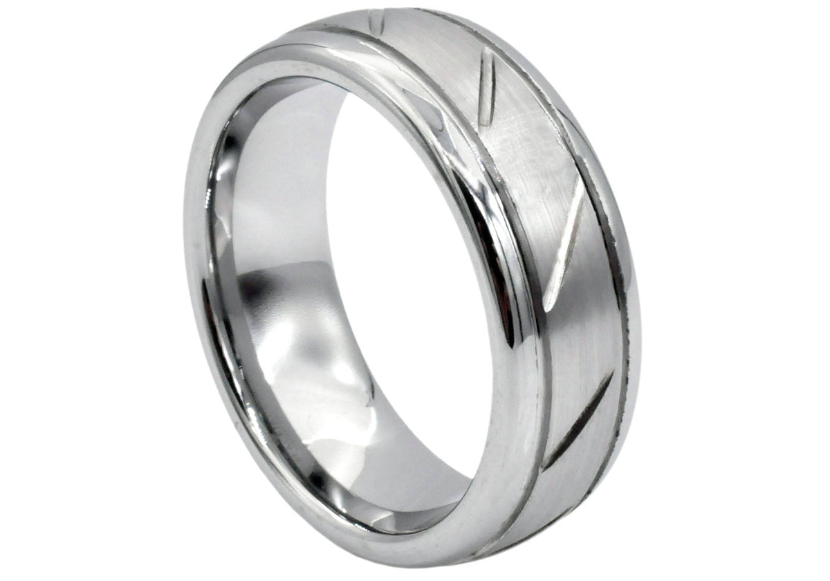 Mens 8mm Brushed And Polished Tungsten Etched Band Ring