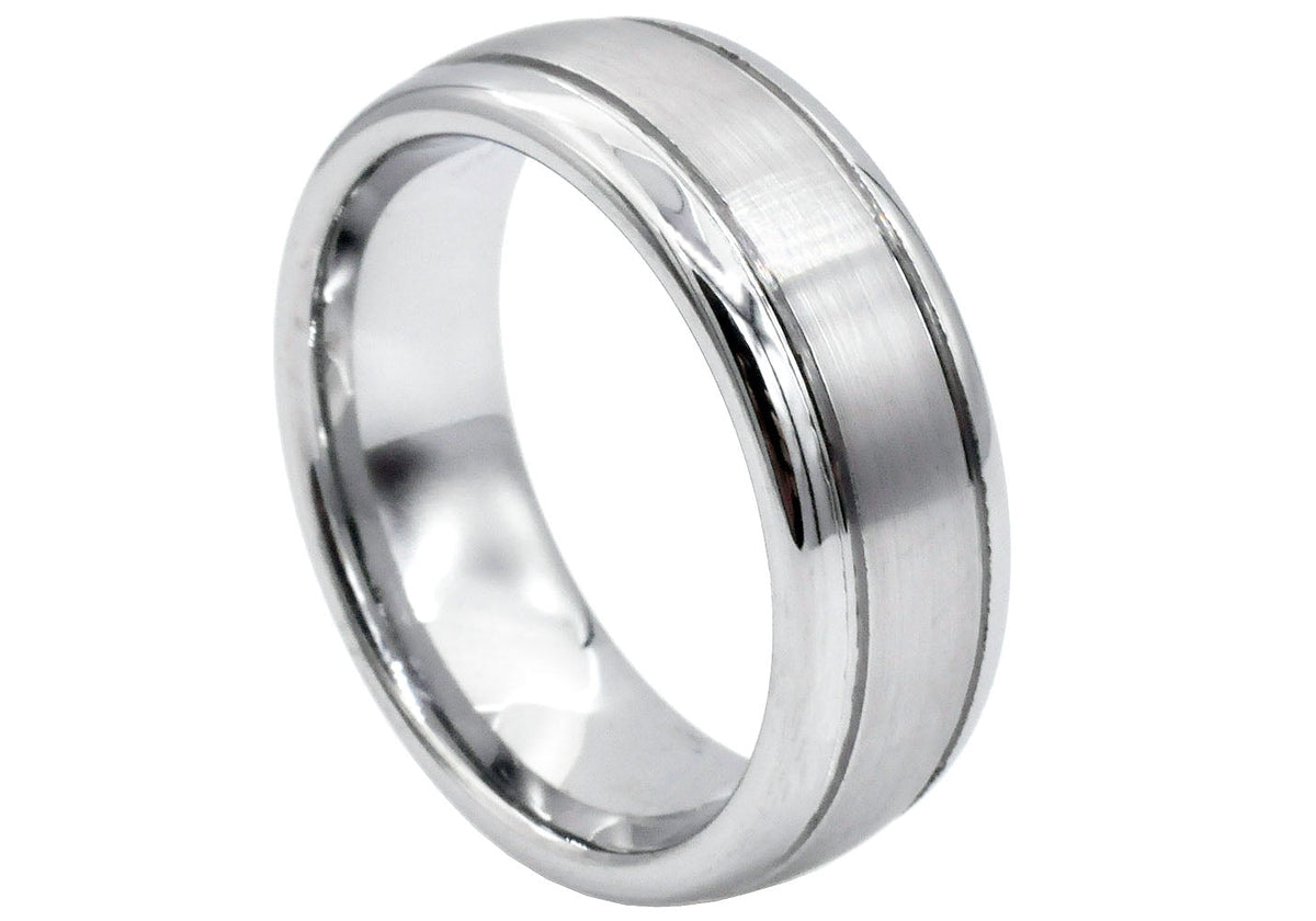 Mens 8mm Brushed And Polished Tungsten Double Stripe Band Ring
