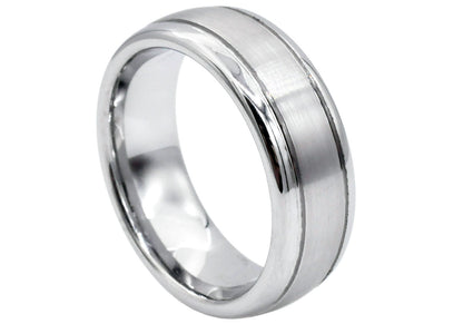 Mens 8mm Brushed And Polished Tungsten Double Stripe Band Ring