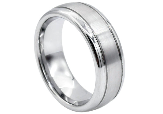 Mens 8mm Brushed And Polished Tungsten Double Stripe Band Ring
