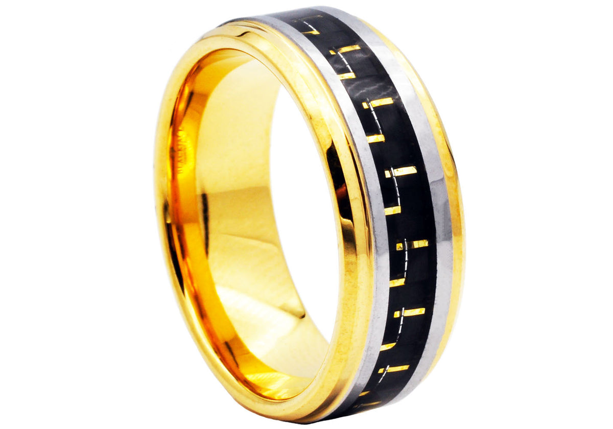 Mens Gold Tungsten Band Ring With Black and Gold Carbon Fiber