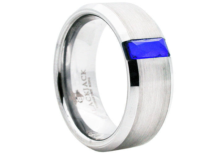 Mens 8mm Brushed And Polished Tungsten Band Ring With Blue Cubic Zirconia