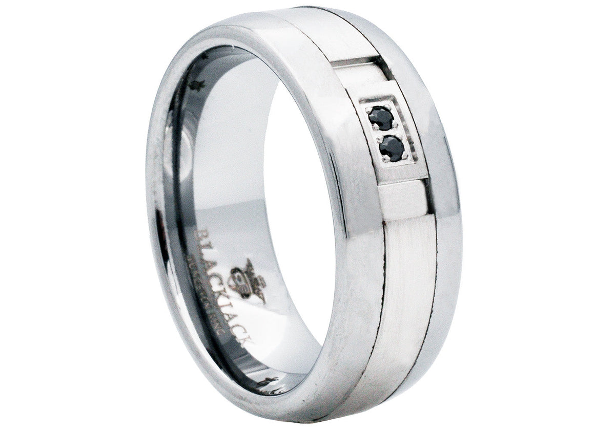 Mens 8mm Brushed And Polished Tungsten Band Ring With Black Cubic Zirconia