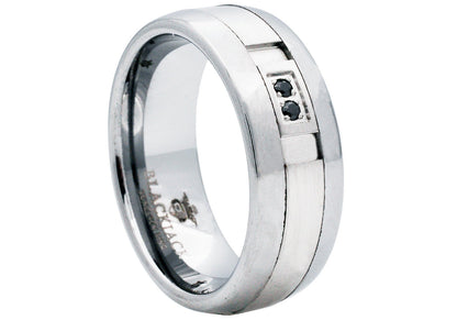 Mens 8mm Brushed And Polished Tungsten Band Ring With Black Cubic Zirconia
