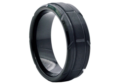 Men's Black Tungsten Double Etched Stripe Band Ring