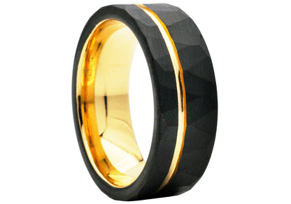 Mens Two Tone Black and Gold Hammered Tungsten Band Ring