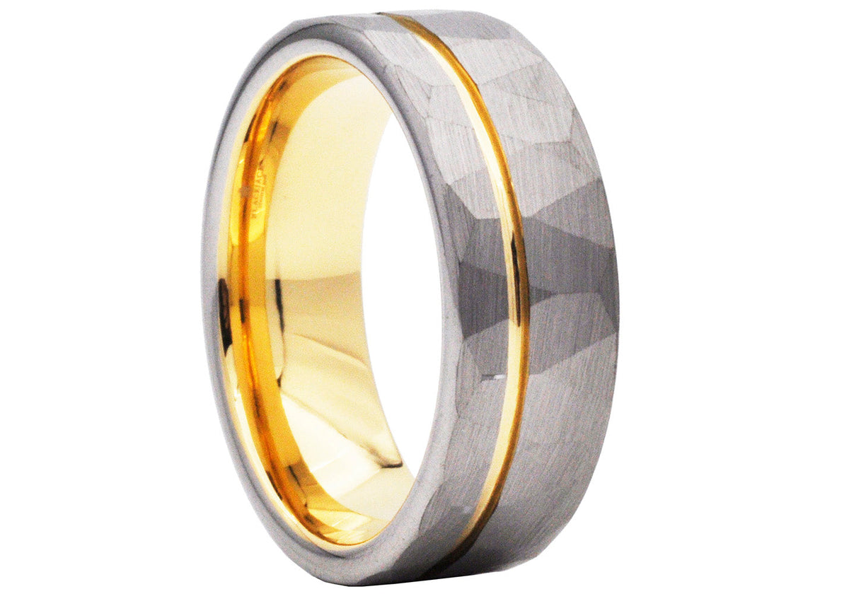 Mens Two Tone Gold Hammered Tungsten Band Ring