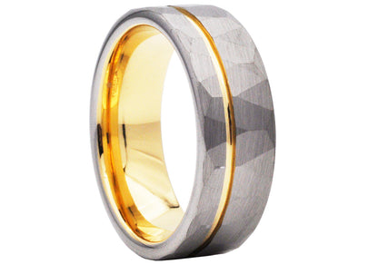 Mens Two Tone Gold Hammered Tungsten Band Ring