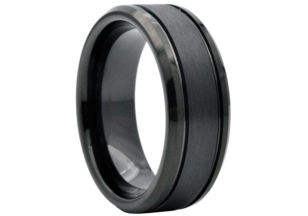 Men's Black Tungsten Double Etched Stripe Band Ring