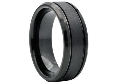 Men's Black Tungsten Double Etched Stripe Band Ring