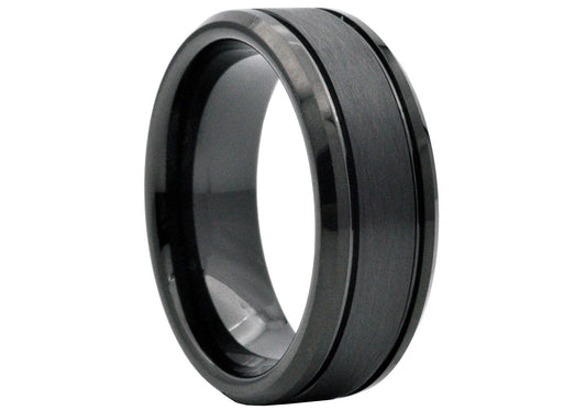 Men's Black Tungsten Double Etched Stripe Band Ring