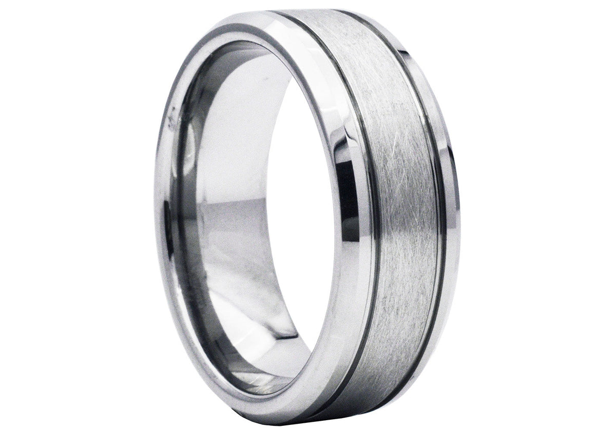 Men's Sanded Tungsten Double Etched Stripe Band Ring