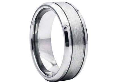 Men's Sanded Tungsten Double Etched Stripe Band Ring