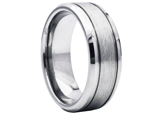 Men's Sanded Tungsten Double Etched Stripe Band Ring