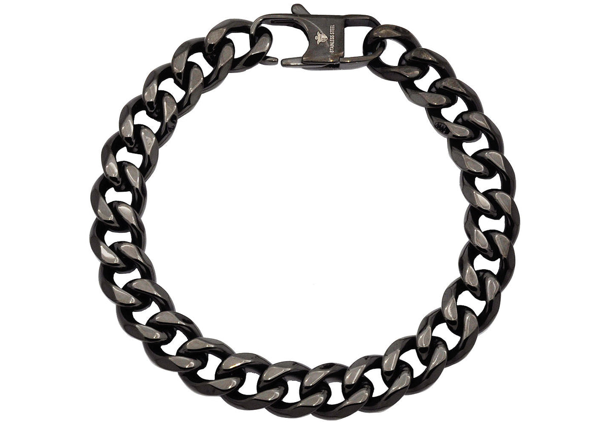 Mens 10mm Gun Metal Stainless Steel Cuban Link Chain Bracelet